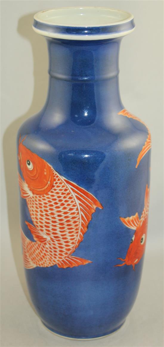 A large Chinese powder blue and iron red rouleau vase, late 19th / early 20th century, 46cm, restored